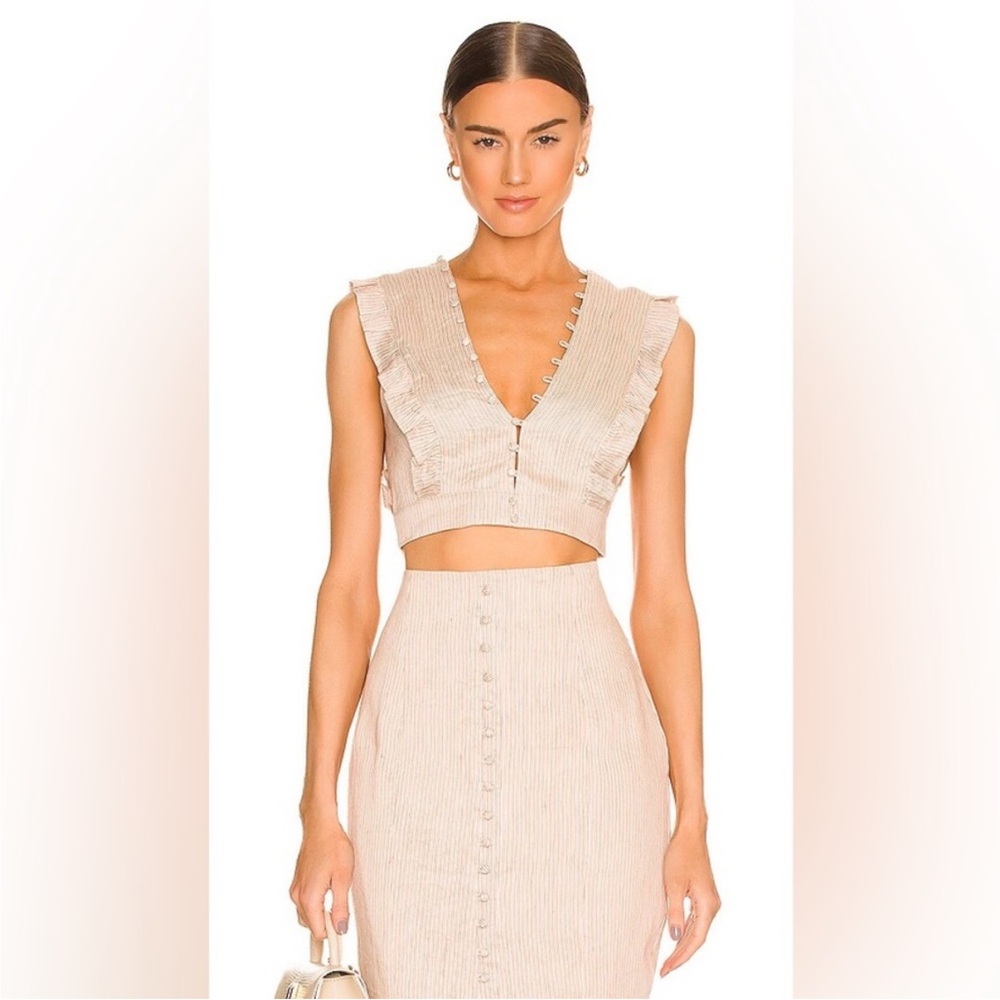 Sleeveless Beige Crop Top with Ruffle V-Neck